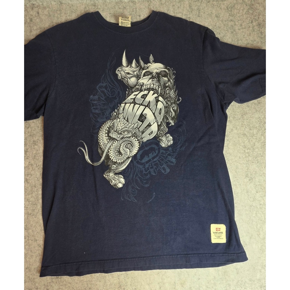 Vintage Ecko Unltd Graphic T-Shirt Mens Medium Navy Blue Y2K Skater Streetwear